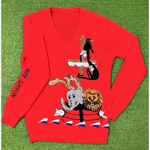 Vintage Knit Sweater Noahs Ark Women M Homemade 80s Christian Religious Pullover